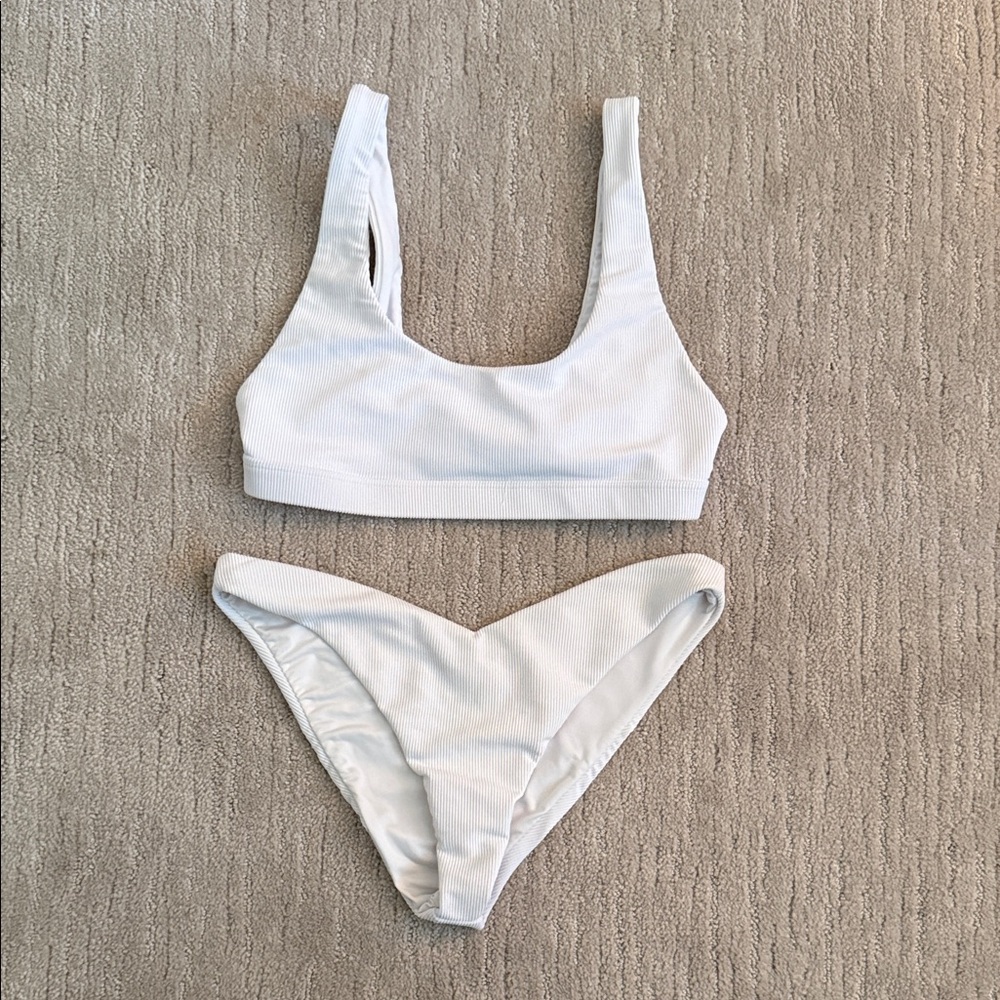 Beach Riot White Ribbed Bikini Set - Scoop Top & V-Front Bottoms